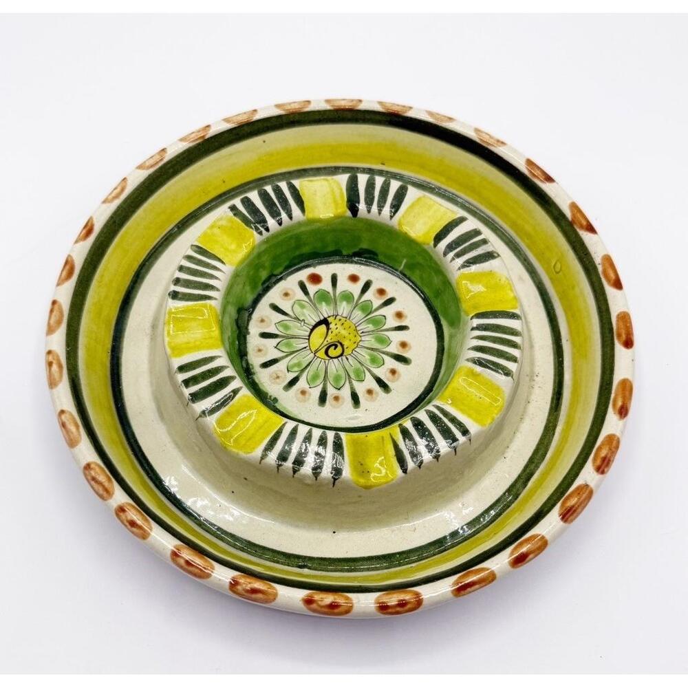 Vintage Tonala Mexican Pottery Folk‎ Art Stoneware Blue Green Round Ashtray